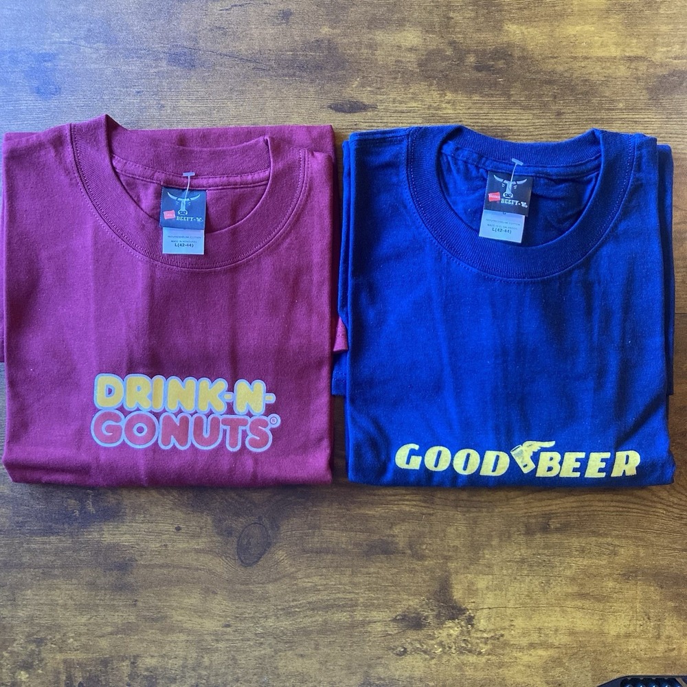 2 Funny Beer Drinking T-Shirts Bundle Good‎ Beer Donuts Humor Hanes Beefty Tee L